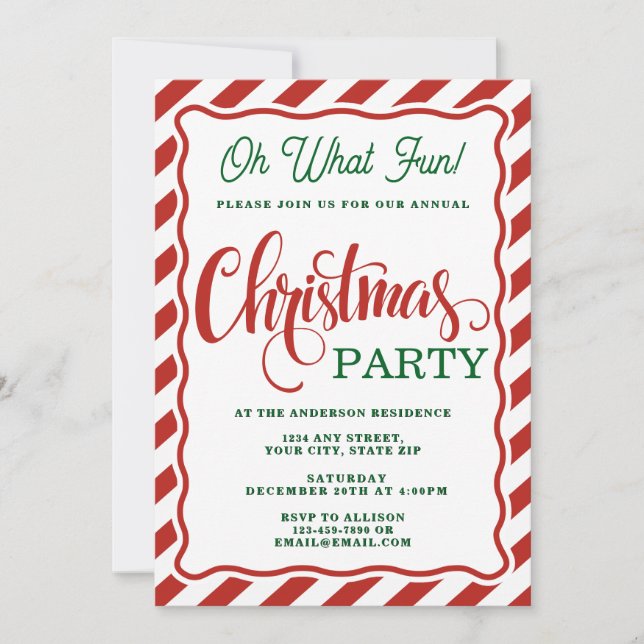 Oh What Fun Striped Whimsical Christmas Party Invitation (Front)