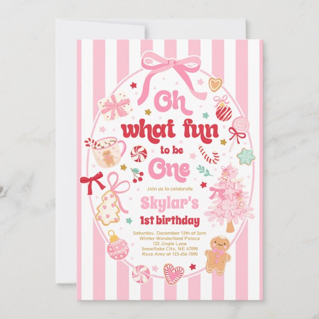 Oh What Fun To Be One Christmas Bow 1st Birthday Invitation (Front)