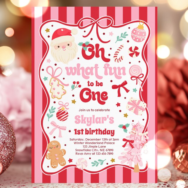 Oh What Fun To Be One Christmas Bow 1st Birthday Invitation (Creator Uploaded)
