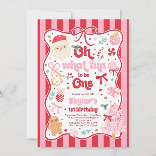 Oh What Fun To Be One Christmas Bow 1st Birthday Invitation (Front)