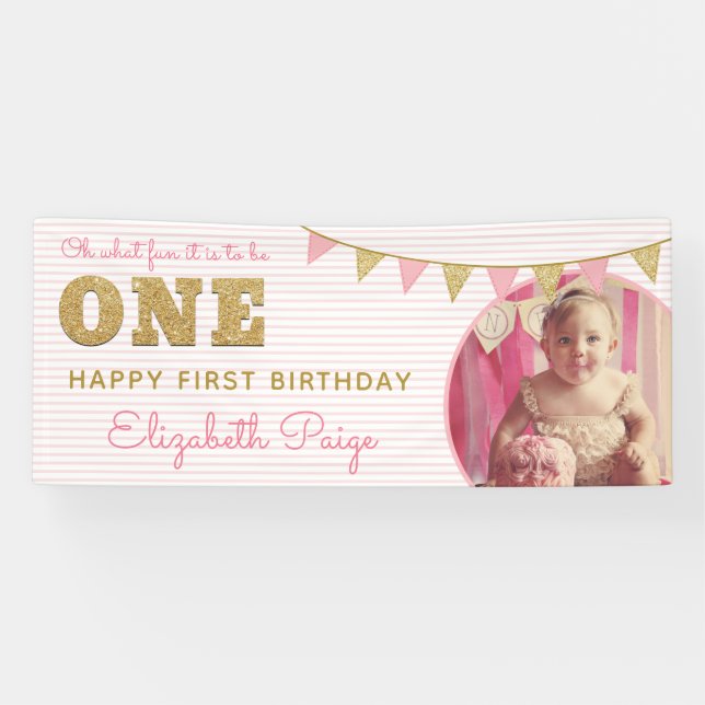 Oh What Fun to be ONE Pink & Gold First Birthday Banner (Horizontal)