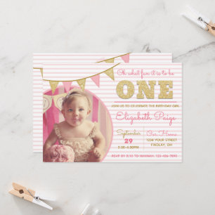 Oh What Fun to be ONE Pink & Gold First Birthday Invitation