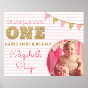 Oh What Fun to be ONE Pink & Gold First Birthday Poster