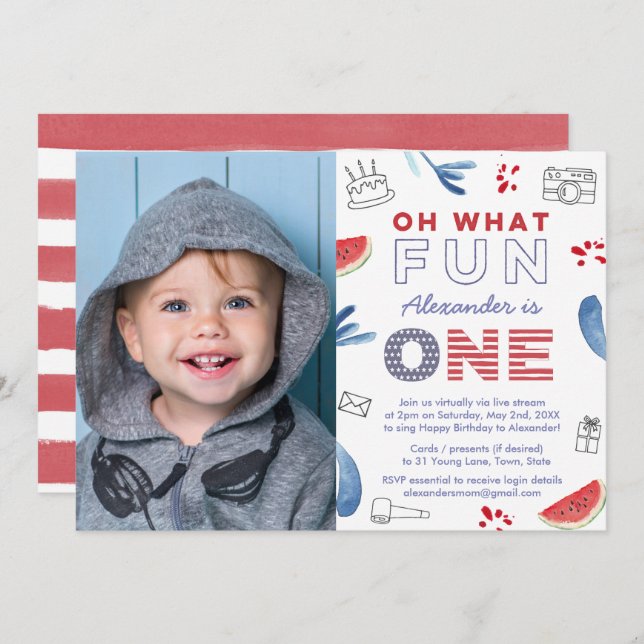 Oh What Fun To Be One Virtual 1st Birthday Party Invitation (Front/Back)