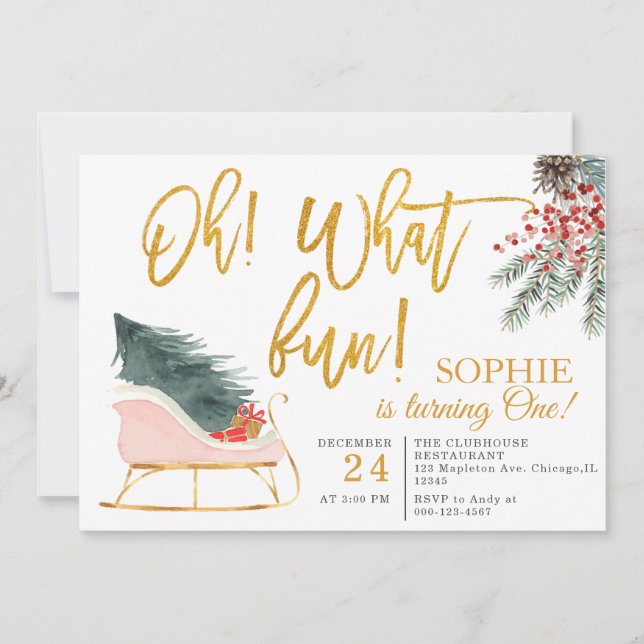 Oh What Fun! Turning One Christmas 1st Birthday Invitation (Front)