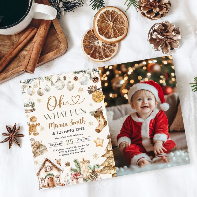 Oh What Fun Watercolor Christmas 1st Birthday Invitation (Creator Uploaded)