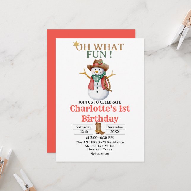 Oh What Fun Western Cowboy Christmas 1st Birthday  Invitation (Front/Back In Situ)