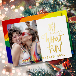 Oh What Fun White 2 Photo Season Greetings Gold Foil Holiday Card
