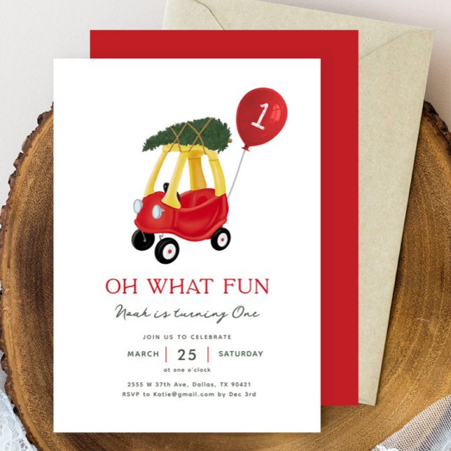 Oh What Fun Winter Car 1st Birthday Invitation (Creator Uploaded)