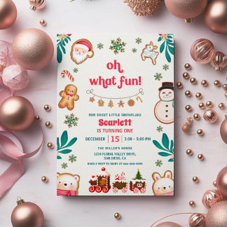 Oh What Fun Winter Christmas Cookie 1st Birthday Invitation
