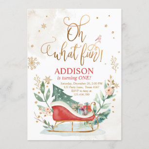 Oh What Fun Winter Sleigh 1st Birthday Invitation