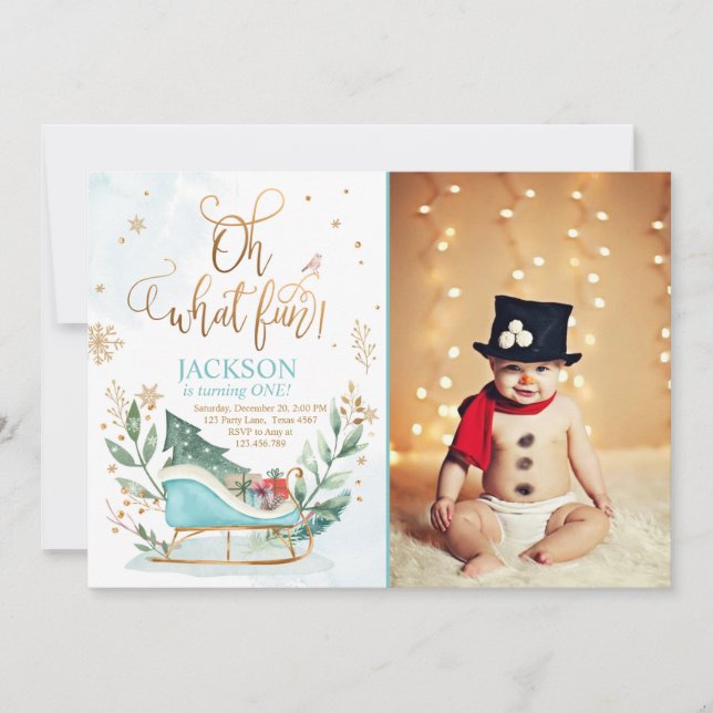 Oh What Fun Winter Sleigh Boy 1st Birthday Invitation (Front)