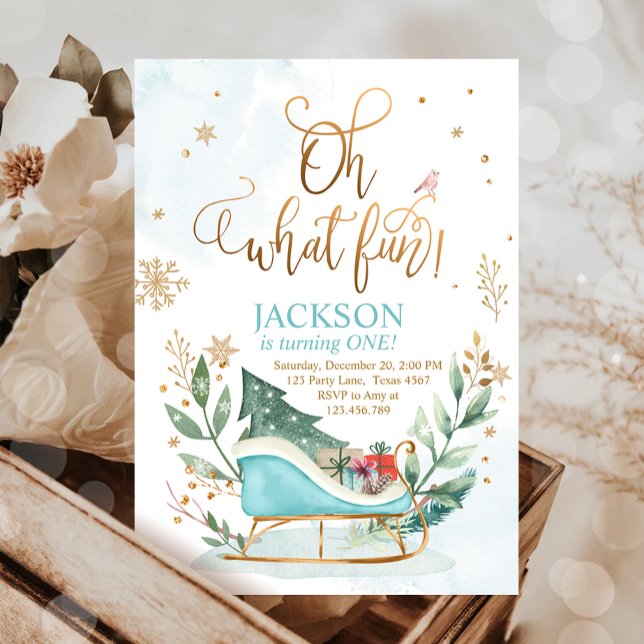 Oh What Fun Winter Sleigh Boy 1st Birthday Invitation (Creator Uploaded)