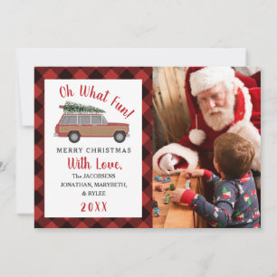 Oh What Fun Wood Wagon Plaid Christmas Photo Holiday Card