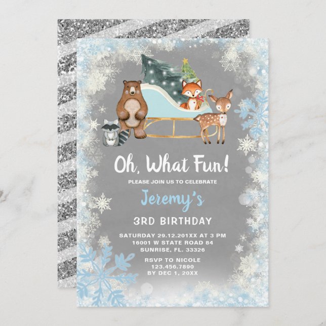 Oh What Fun Woodland Animal Snowflakes Sleigh  Invitation (Front/Back)