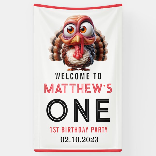 Oh what's fun Caricatures  Turkey 1st Birthday  Banner (Vertical)