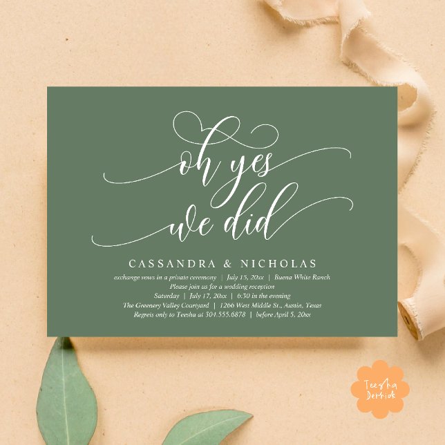 Oh Yes, We Did, Modern Romantic Wedding Reception Invitation (Oh Yes, We Did, Modern Romantic Modern Wedding Reception Invitation Card PDF Sage Green)