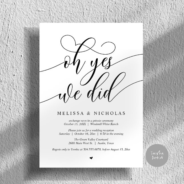 Oh Yes We Did Modern Script Elopement Announcement (Oh Yes We Did Modern Creative Script Elopement Announcement Dinner Card in Black and White)