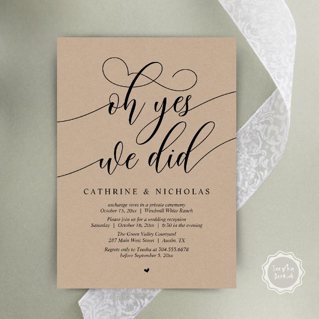 Oh Yes, We Did, Modern Script Wedding Reception Invitation (Oh Yes, We Did, Modern Script Wedding Reception Invitation Card PDF Brown Kraft)
