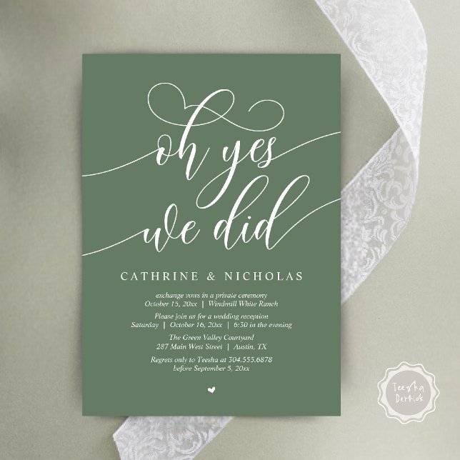 Oh Yes, We Did, Modern Script Wedding Reception Invitation (Oh Yes, We Did, Modern Script Wedding Reception Invitation Card PDF Sage Green)