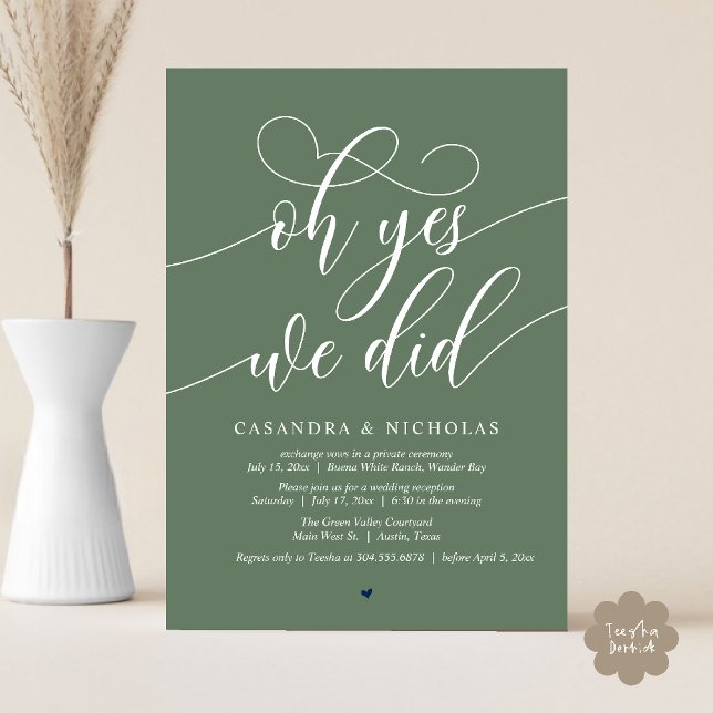 Oh Yes, We Did, Modern Script Wedding Reception Invitation (Oh Yes, We Did, Modern Romantic Modern Wedding Reception Invitation Card PDF Sage Green )