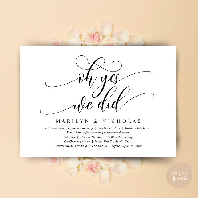 Oh Yes, We Did, Modern Wedding Dinner and Party Invitation (Oh Yes, We Did, Wedding Elopement Dinner Romantic Modern Party Invitation Card PDF Black White)