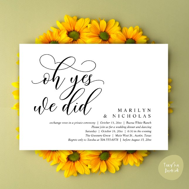 Oh Yes, We Did, Modern Wedding Dinner and Party Invitation (Oh Yes, We Did, Wedding Elopement Dinner Romantic Modern Party Invitation Card PDF Black White)