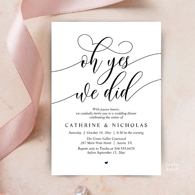 Oh Yes, We Did, Modern Wedding Elopement Dinner Invitation (Oh Yes, We Did, Modern Romantic Wedding Elopement Dinner Invitation Card in Black and White)