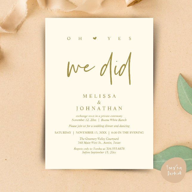 Oh Yes, We Did, Modern Wedding Elopement Dinner Invitation (Oh Yes, We Did, Modern Wedding Elopement Dinner Modern Clean Invitation Card PDF in Yellow Gold)