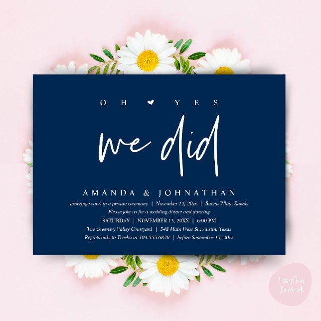 Oh Yes, We Did, Modern Wedding Elopement Dinner Invitation (Oh Yes, We Did, Modern Wedding Elopement Dinner Modern Clean Invitation Card PDF in Navy Blue)