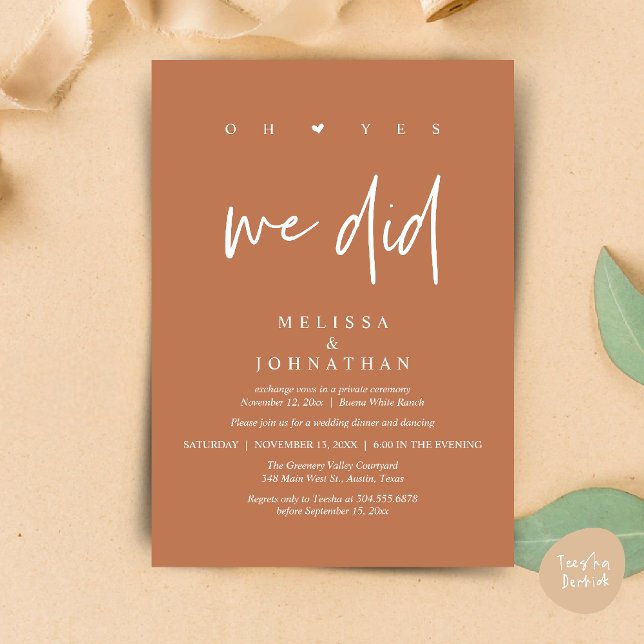 Oh Yes, We Did, Modern Wedding Elopement Dinner Invitation (Oh Yes, We Did, Modern Wedding Elopement Dinner Modern Clean Invitation Card PDF in Copper Brown)