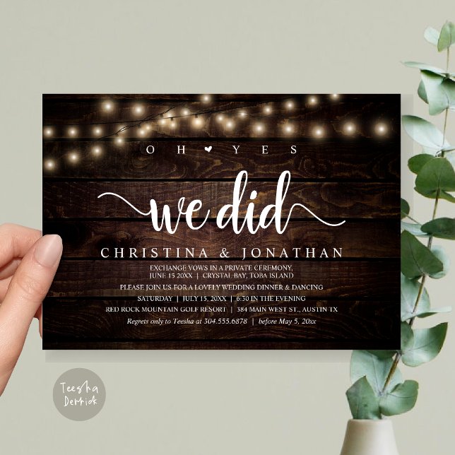 Oh Yes, We Did, Rustic Wedding Dinner Elopement Invitation (Oh Yes, We Did, Rustic Wedding Dinner Elopement Invitation card, pdf, in cottage dark wood)