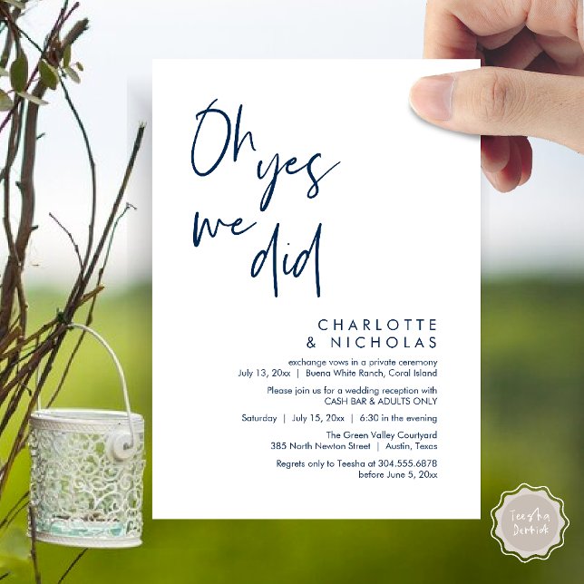 Oh Yes, We Did, Wedding Dinner Party Cash Bar Invitation (Oh Yes, We Did, Modern Wedding Elopement Reception Dinner Party Invites Card PDF Navy Blue)