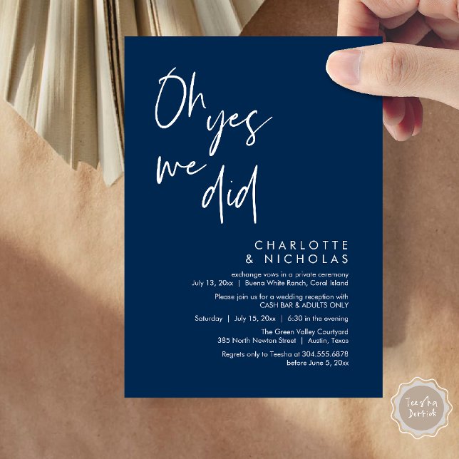Oh Yes, We Did, Wedding Dinner Party Cash Bar Invitation (Oh Yes, We Did, Modern Wedding Elopement Reception Dinner Party Invites Card PDF Navy Blue)