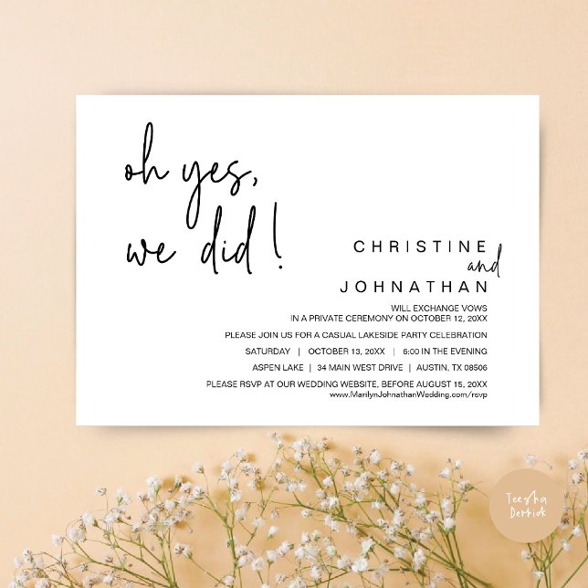 Oh Yes, We Did, Wedding Elopement Dancing Party In Invitation (Oh Yes, We Did, Modern Wedding Elopement Dinner Party Invitation Card, PDF, Black and White)