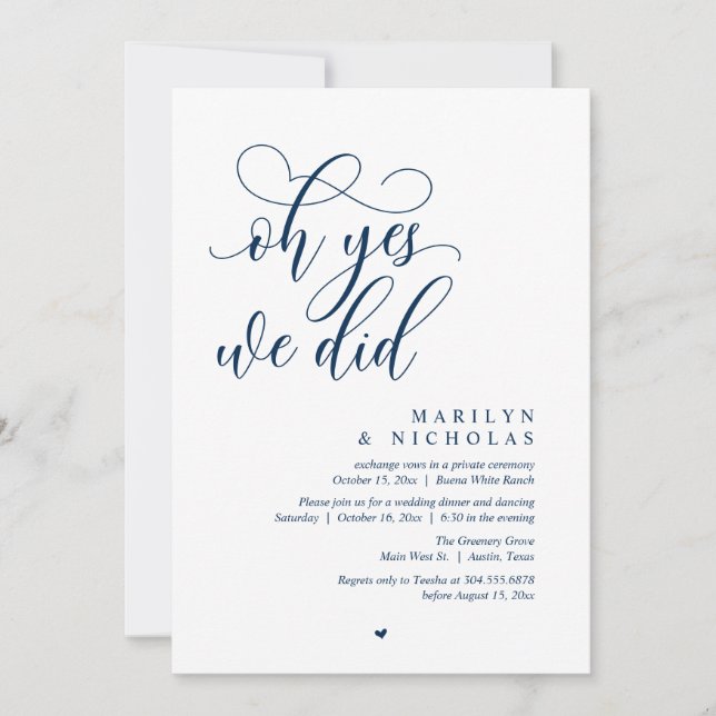 Oh Yes, We Did, Wedding Elopement Dinner Party Invitation (Front)