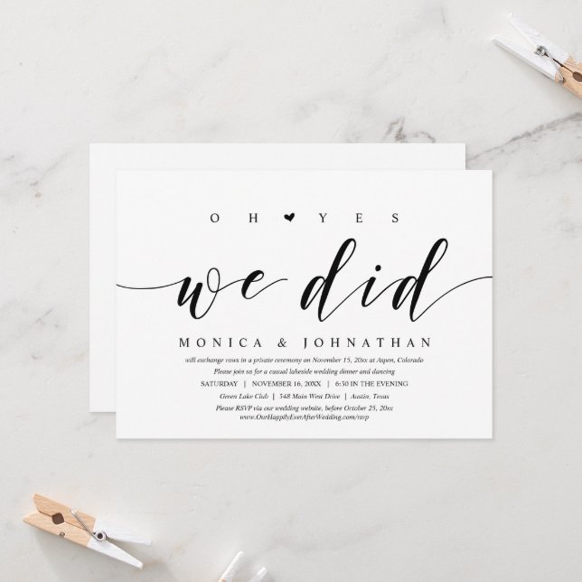 Oh Yes, We Did, Wedding Elopement Dinner Party Invitation (Front/Back In Situ)