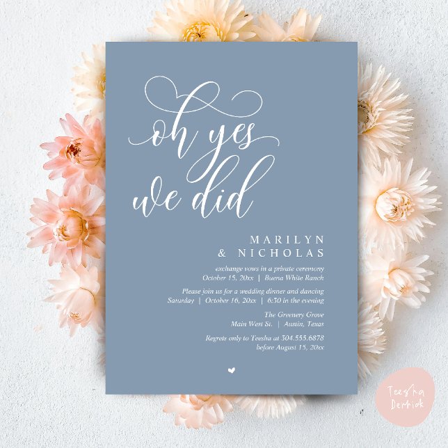 Oh Yes, We Did, Wedding Elopement Dinner Party Invitation (Oh Yes, We Did, Wedding Elopement Dinner Romantic Modern Party Invitation Card PDF Dusty Blue)