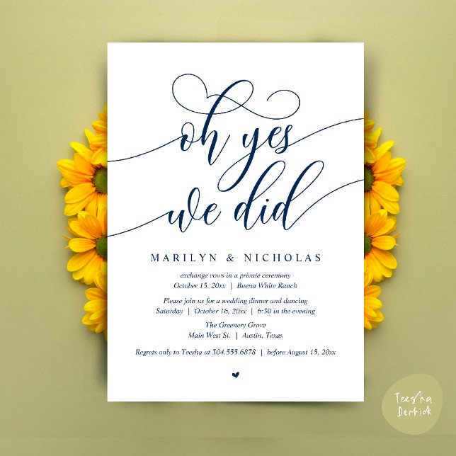 Oh Yes, We Did, Wedding Elopement Dinner Party Invitation (Oh Yes, We Did, Wedding Elopement Dinner Romantic Modern Party Invitation Card PDF Navy Blue)