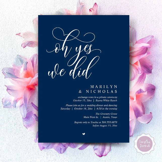 Oh Yes, We Did, Wedding Elopement Dinner Party Invitation (Oh Yes, We Did, Wedding Elopement Dinner Romantic Modern Party Invitation Card PDF Navy Blue)