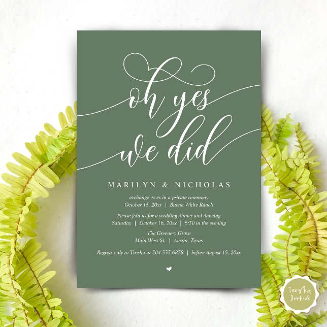 Oh Yes, We Did, Wedding Elopement Dinner Party Invitation (Oh Yes, We Did, Wedding Elopement Dinner Romantic Modern Party Invitation Card PDF Sage Green)