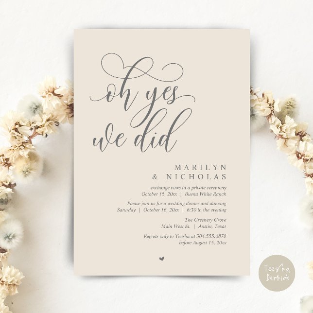 Oh Yes, We Did, Wedding Elopement Dinner Party Invitation (Oh Yes, We Did, Wedding Elopement Dinner Romantic Modern Party Invitation Card PDF Cream Grey)
