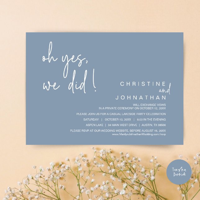 Oh Yes, We Did, Wedding Elopement, Dusty Blue Invitation (Oh Yes, We Did, Modern Wedding Elopement Dinner Party Invitation Card, PDF, Dusty Blue)