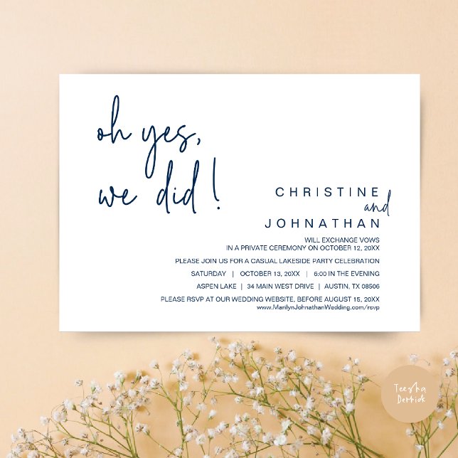 Oh Yes, We Did, Wedding Elopement, Navy Blue Invitation (Oh Yes, We Did, Modern Wedding Elopement Dinner Party Invitation Card, PDF, Navy Blue)