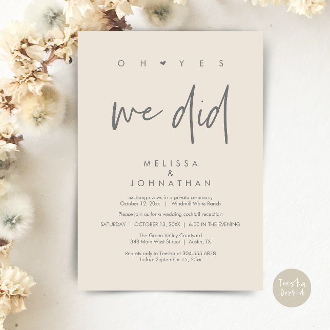Oh yes we did, Wedding Reception Dinner Dancing Invitation (Oh yes we did, Modern Wedding Reception Dinner Dancing Minimalist Invitation Card PDF Cream Grey)