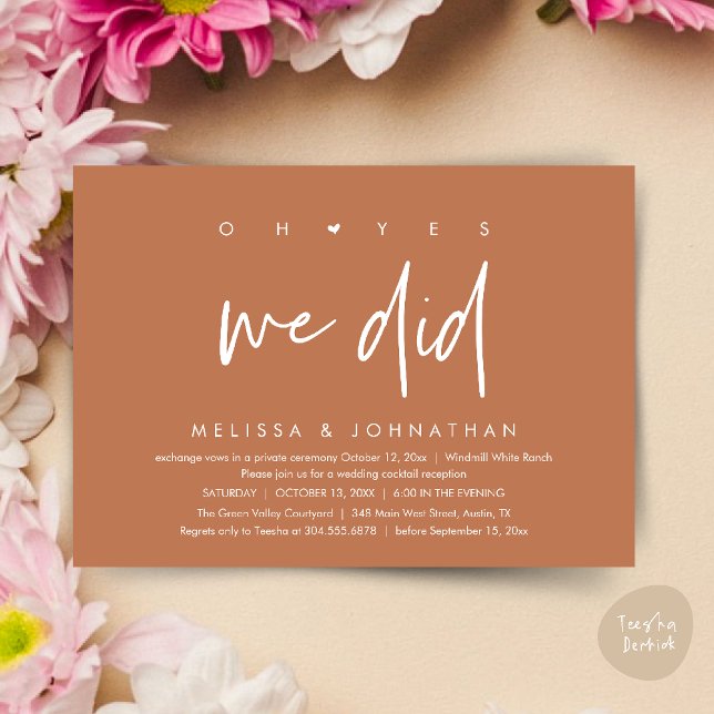 Oh yes we did, Wedding Reception Dinner Dancing Invitation (Oh yes we did, Modern Wedding Reception Dinner Dancing Minimalist Invitation Card PDF Brown Copper)