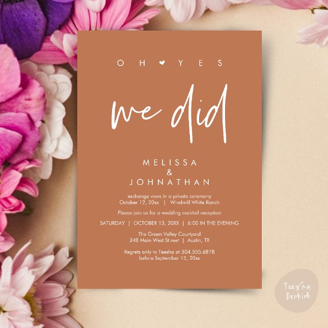 Oh yes we did, Wedding Reception Dinner Dancing Invitation (Oh yes we did, Modern Wedding Reception Dinner Dancing Minimalist Invitation Card PDF Brown Copper)