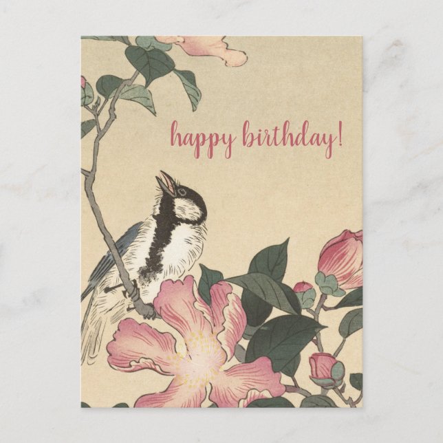 Ohara Koson, Bird and Pink Flowers - Birthday Postcard (Front)
