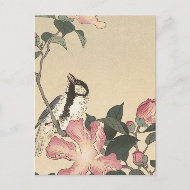 Ohara Koson, Bird and Pink Flowers  - Japanese  Postcard (Front)