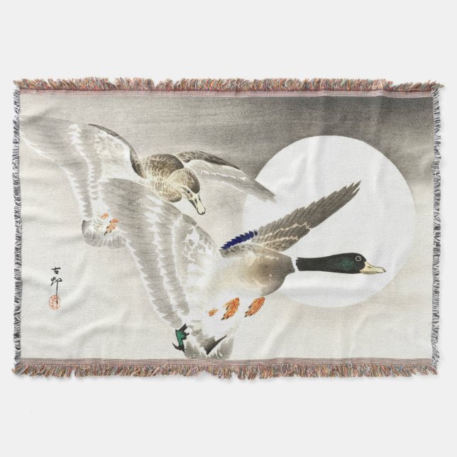Ohara Koson Japanese Two Ducks At Full Moon Throw Blanket (Front)